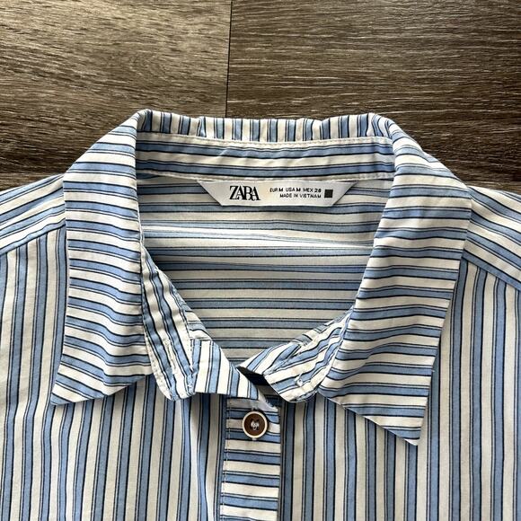 EUC Zara Blue White Striped Mini Shirtdress Size M Ruffle Hem Cotton Poplin - Picture 5 of 16